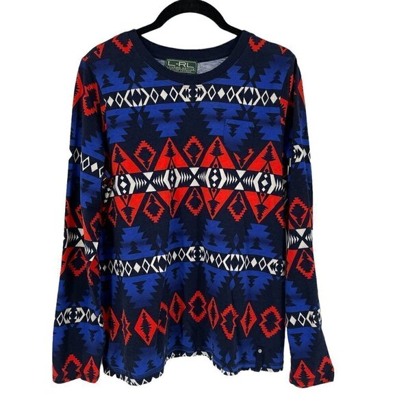 Ralph Lauren LRL Tribal Print Navy Multi-Color Long Sleeve Tee Women's Large - Picture 1 of 6